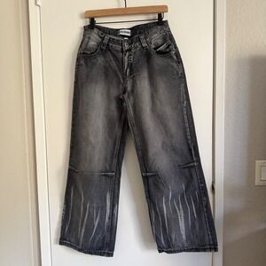 Disclosure Jeans Black Acid Wash White Angel Wings Y2K 2000s Baggy Streetwear